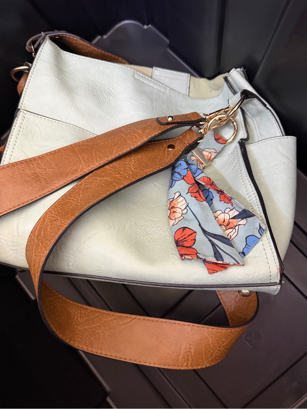 Light Gray Women's Shoulder Bag with Brown Strap and Floral Scarf